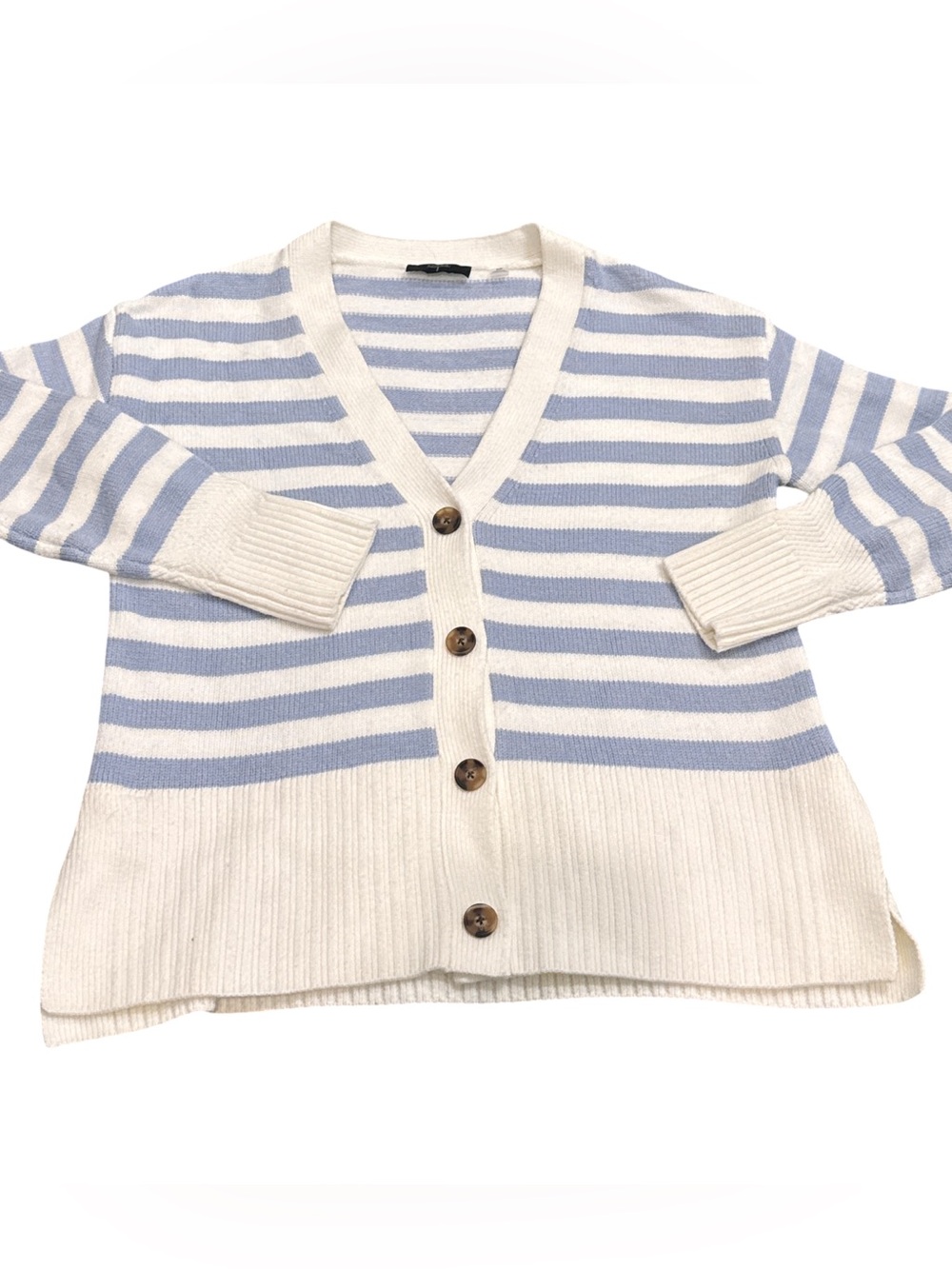 Tahari Blue White Striped Cardigan Sweater Size S Coastal Preppy Button Front
